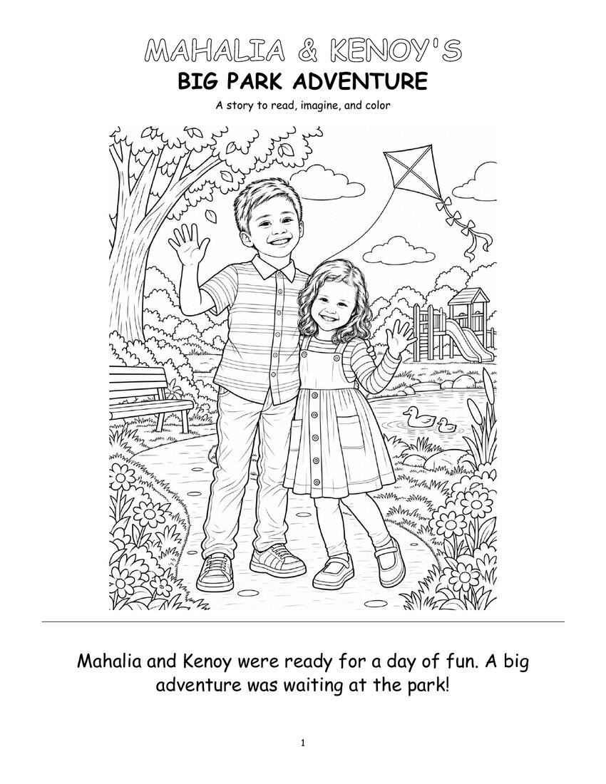 Page 1 of Mahalia & Kenoy's Big Park Adventure, a coloring page of two kids waving in a park with the story along the bottom