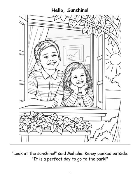 Page 2: Hello, Sunshine! The two look out a window at the sun